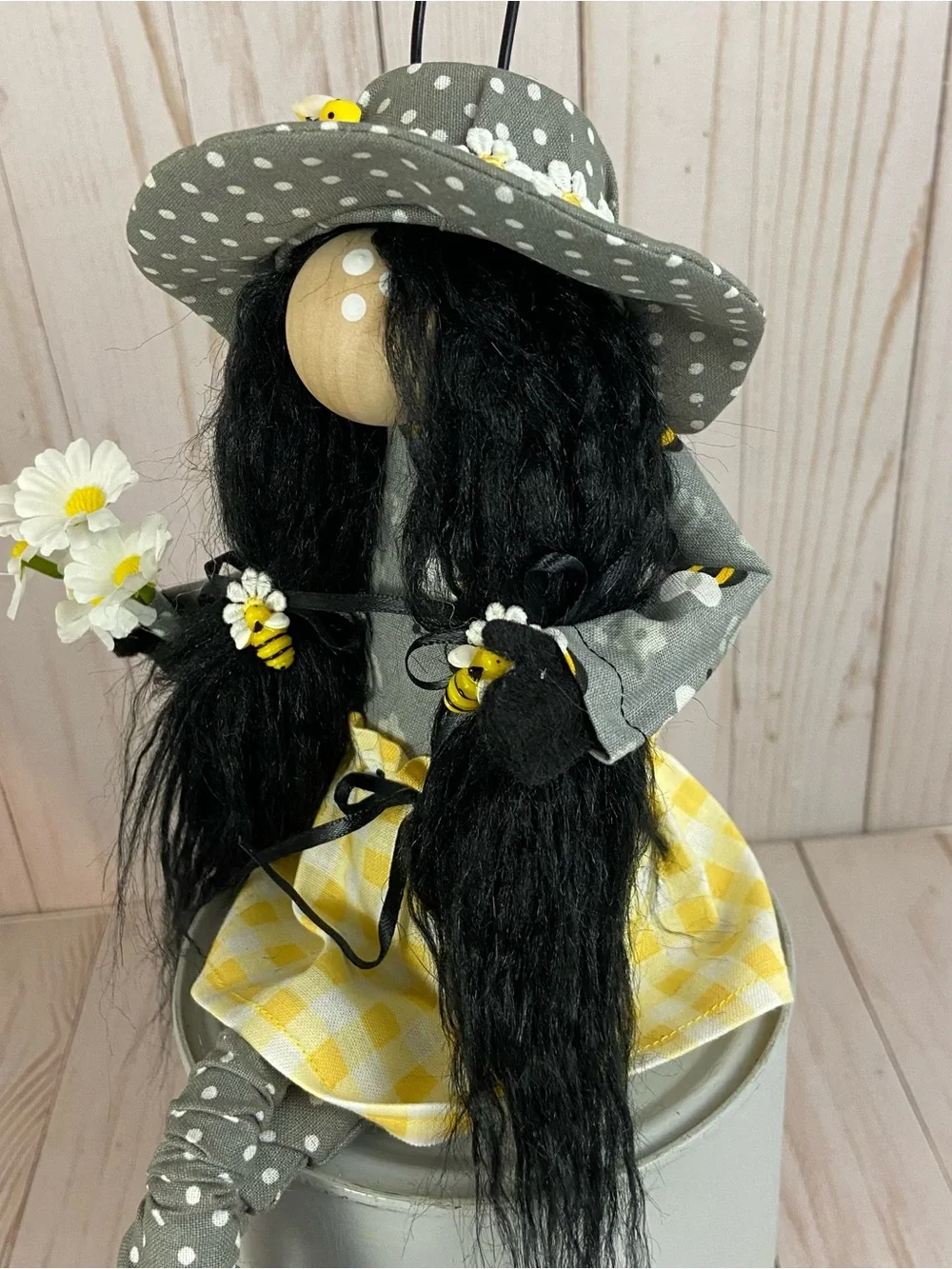 Handmade Sitting Bee Girl Gnome – Daisy Bumble Bee Shelf Sitter Decor - Picture 7 of 15